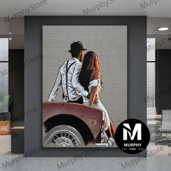 lovely couple sitting on the red car canvas art, romantic couple canvas paintig, modern wall art, lovely print art