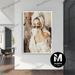 woman drinking coffee modern canvas, modern painting, wall art, modern canvas, abstract art, black and white canvas art