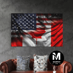 decorative wall art, american and canadian flag mashup, canada flag, framed canvas print, american flag art patriotic im