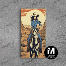 decorative wall art, cowgirl canvas art print, mixed media landscape wall poster, texas wildflowers, mountain horses, vi
