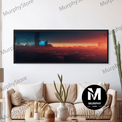 decorative wall art, cyberpunk cityscape, ready to hang canvas print, panoramic, cyberpunk concept art, cityscape at sun