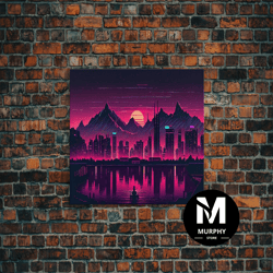 decorative wall art, cyberpunk vancouver, futuristic city skyline art, framed canvas print