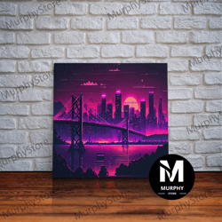 decorative wall art, cyberpunk san francisco, futuristic city skyline art, framed canvas print, synthwave vaporwave city