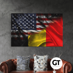 american and belgium flag mashup, belgium flag, framed decorative wall art, framed american flag art, patriotic immigran
