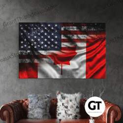 american and canadian flag mashup, canada flag, framed decorative wall art, american flag art patriotic immigrant art he