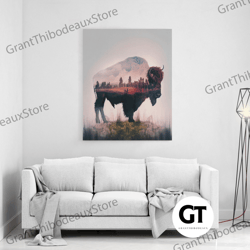 american buffalo double exposure art, framed decorative wall art, american bison and plains landscape, western decor, fa