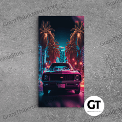 american muscle car on sunset strip, retro synthwave art, framed decorative wall art, gift for him, muscle car art