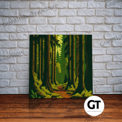 among the tall trees, beautiful forest 8 bit pixel art, framed decorative wall art, game room art