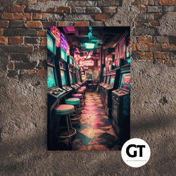 an abandoned game room, framed decorative wall art, vaporwave photography fine art print, aesthetic decor, colorful art,