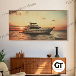 an abandoned yacht at sunset - framed decorative wall art - nautical decor - vaporwave art - liminal spaces - urban deca