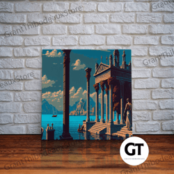 ancient roman architecture, 8 bit pixel art, framed decorative wall art