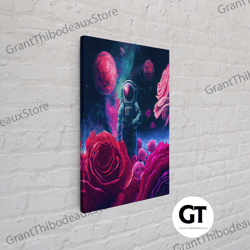 astronaut in space among the roses, surreal scifi galaxy art, framed decorative wall art, framed wall art, wall decor, l