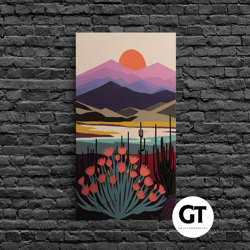 boho style mountain landscape, minimalist art, sunset over the mountains