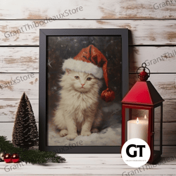 christmas cat in a christmas hat, farmhouse christmas, farmhouse decor, framed decorative wall art, seasonal wall art, w