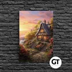 cottage landscape art, nature art print, countryside art, decorative wall art, wall art, vertical art, landscape print,