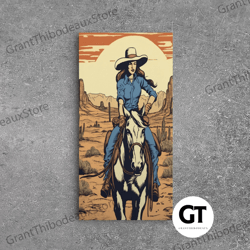 cowgirl canvas art print, mixed media landscape wall poster, texas wildflowers, mountain horses, vintage midcentury mode