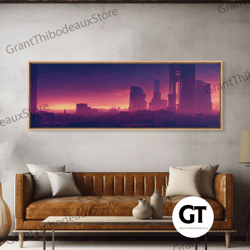 cyberpunk cityscape, ready to hang decorative wall art, panoramic, cyberpunk concept art, cityscape at sunset, cool manc