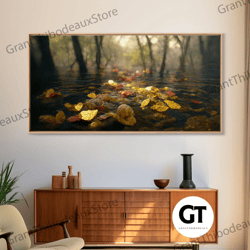 fall leaves floating down the river, autumn, landscape and nature decorative wall art, oil painting style, neutral wall