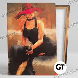 femme art print, woman in black dress and red hat canvas art, beauty wall decor, art print elegant lady , woman with red