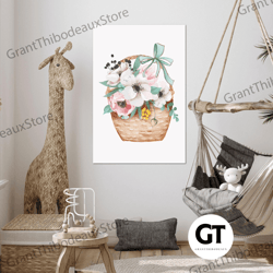 flower basket wall art, baby room wall decor, kids room wall decor, roll up canvas, stretched canvas art, framed wall ar