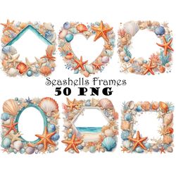 coastal seashells 50 watercolor border frames png watercolor tropical beach overlays png unique tropical digital frames