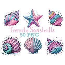 pink glitter seashells clipart transparent background tropical seashells printable graphics