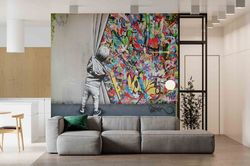 kid graffiti mural, behind the curtain wall paper, martin watson wall decor, banksy boy mural, banksy graffiti wall mura