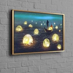 man art canvas, full moon art, moon night art canvas, man sailing wall art, night printed, moon wall art, abstract canva