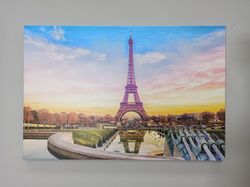 paris travel poster, sunset art canvas, cityscape paris, landscape canvas art, eiffel tower photo printed, landmark wall