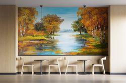 art deco wallpaper, wall covering, wallpaper patent, housewarming gift, autumn landscape painting paper art, autumn view