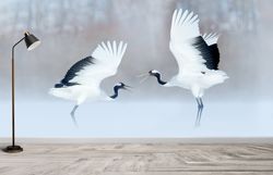 3d paper art, farmhouse wallpaper, wall decoration, gift for him, dancing cranes wall decals, dancing birds wall print,