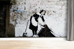 banksy maid graffiti wall decals, abstract wallpaper, banksy woman wallpaper, woman graffiti wall paper, wall covering,