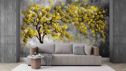 abstract tree wall art, tree wall decor, gift for her, flower wall decals, yellow tree wallpaper, wall mural wallpaper,