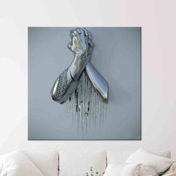 3d silver metallic art, metallic hand art, modern art canvas, 3d effect wall art, tempered glass, canvas art, framed wal