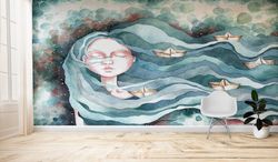 abstract wall art, abstract sea wallpaper, girl wallpaper, modern wall art, wallpaper peel and stick, girl room wallpape