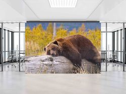 animal wall decor, funny bear wall paper, cute bear wall print, brown bear resting on a log wall painting, 3d paper art,