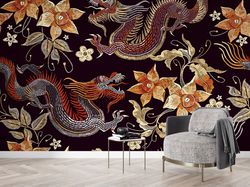 asian dragon pattern wall paper, decals for walls, modern wall art, wallpaper, accent wall, japanese pattern mural, pape