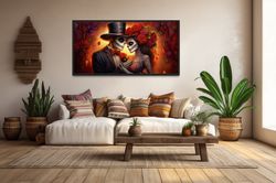 day of the dead wall art - sugar skull couple love painting canvas print, mexican wall decor, dia de los muertos artwork