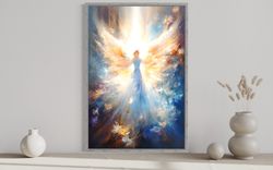 angel in blue heavenly light painting canvas print, angelic apparition wall art, christian religious spiritual artwork f