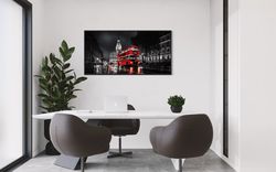 black and white london red double decker bus photography style painting canvas print, london wall art, office wall art f