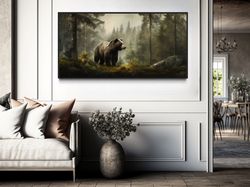 brown grizzly bear foggy forest painting canvas print, bear wall art, farmhouse, rustic cabin nature wall decor, extra l