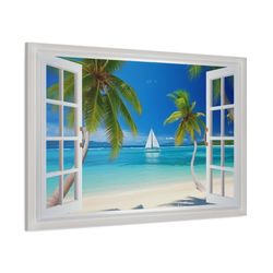 faux window canvas - caribbean beach and sail boat view from open window painting - nature landscape canvas print ready