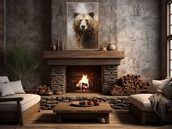 grizzly bear portrait painting canvas print, neutral beige gray bear wall art, farmhouse, cabin wall decor, framed unfra