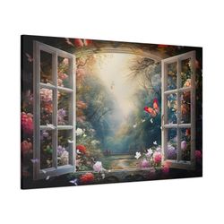 faux window canvas, magical enchanted forest view from open window painting, fantasy landscape canvas print ready to han