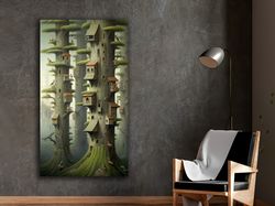 enchanted tree towers,fantasy landscape, magical realms, tree kingdom, nature harmony, mystical valleys, artistic vision