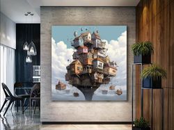 floating fantasia, fantasy art, sky village, dreamy landscape, floating houses, cloud kingdom, surreal art, imagination,