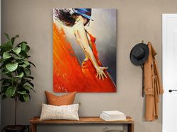 lady in red, red dress, blue hat sexy dancing woman framed art canvas, modern printable american tango dance, textured b