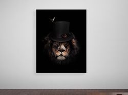 majestic lion with top hat,majestic animal, top hat, butterfly effect, elegant wall art, animal portrait, dark decor,can