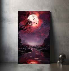 crimson blood moon canvas art - fantasy landscape painting - perfect to gift fantasy lovers  christmas