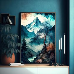fantasy art print beautiful himalayas  mountain landscape alcohol ink painting  living room wall prints